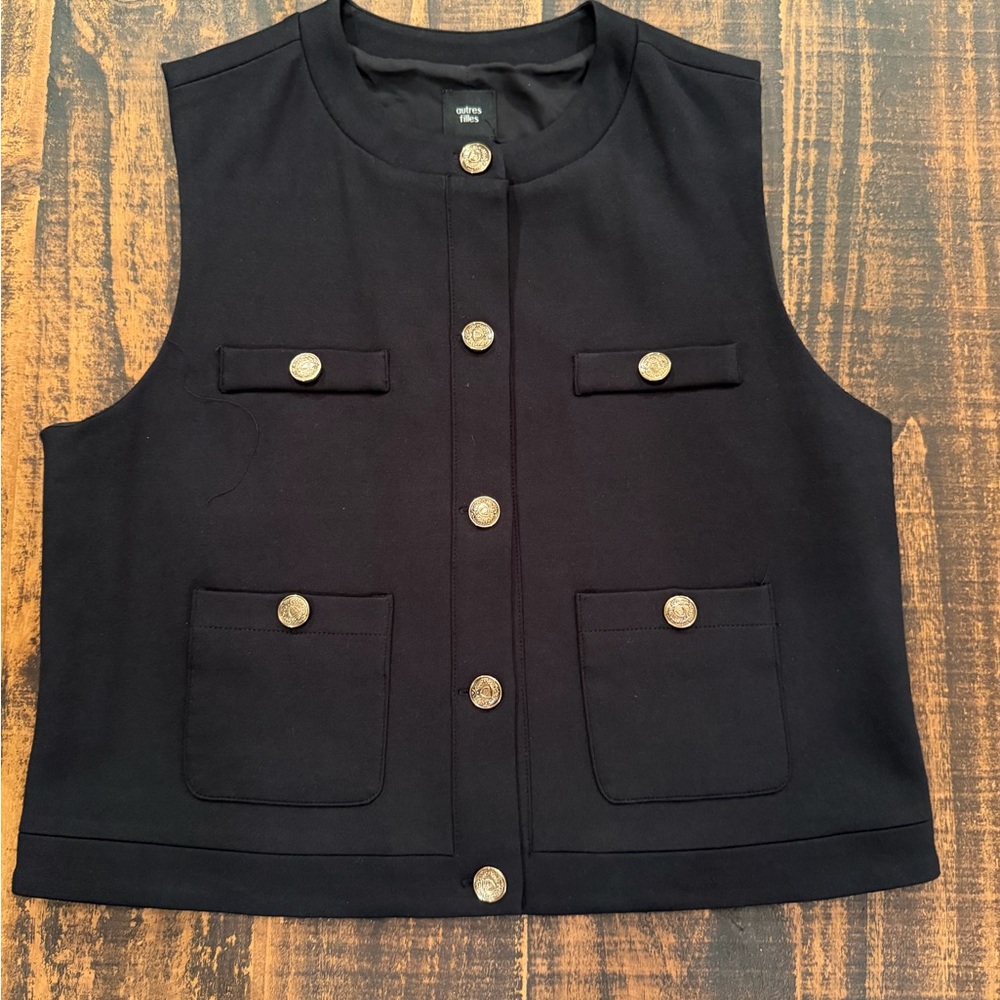 Black Sleeveless Vest with Decorative Gold Buttons